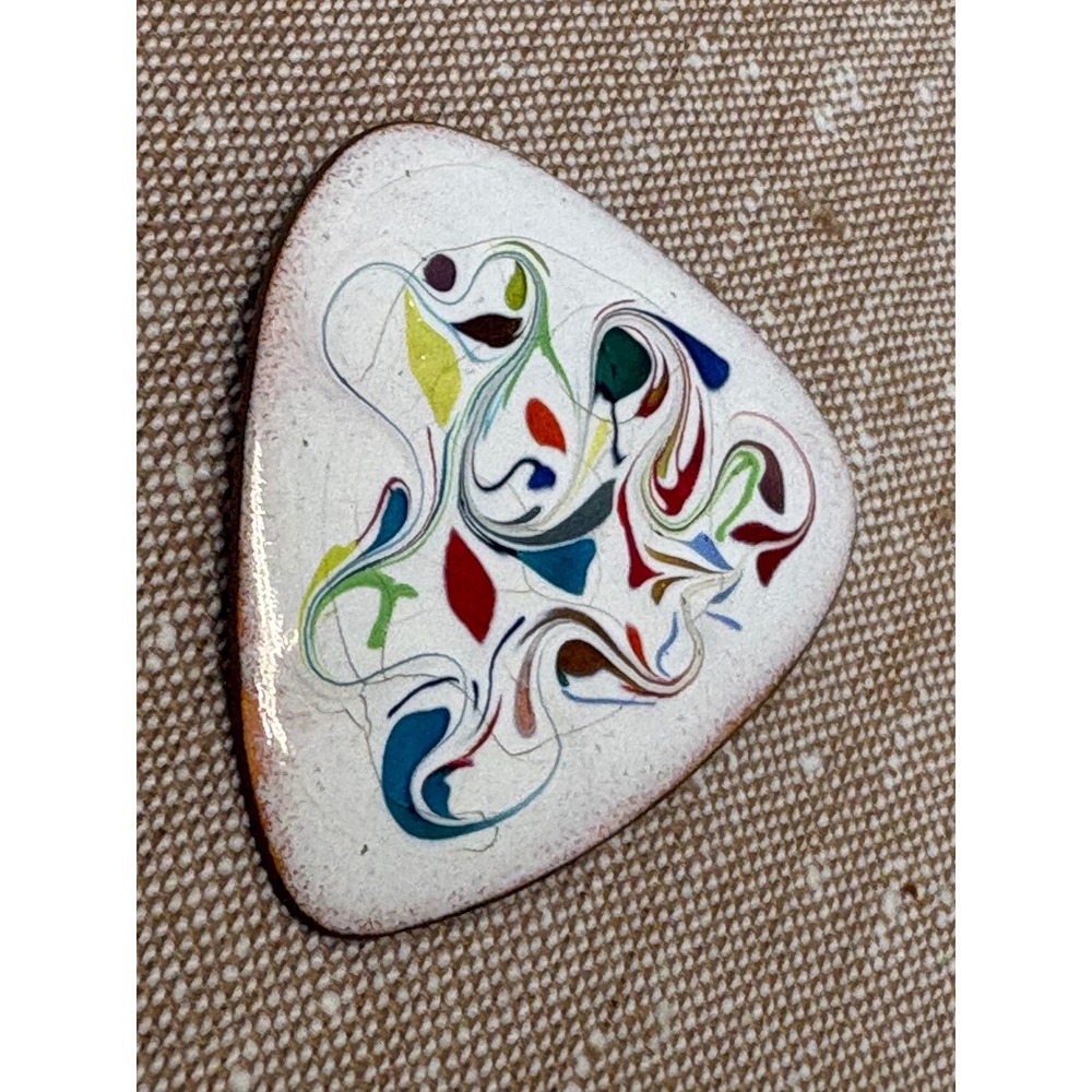 Vintage Mid Century Enamel on Copper Brooch, Abstract Artisan Swirl Shield Pin,